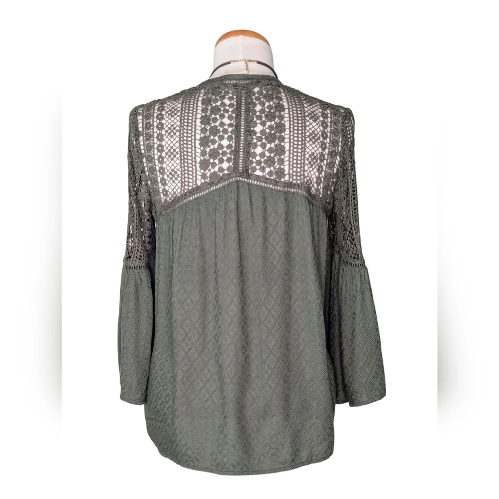 NWT LOVESTITCH Olive Green Sahara Mixed Lace Top Sz Small Rayon Flowy Boho Chic - Picture 15 of 17